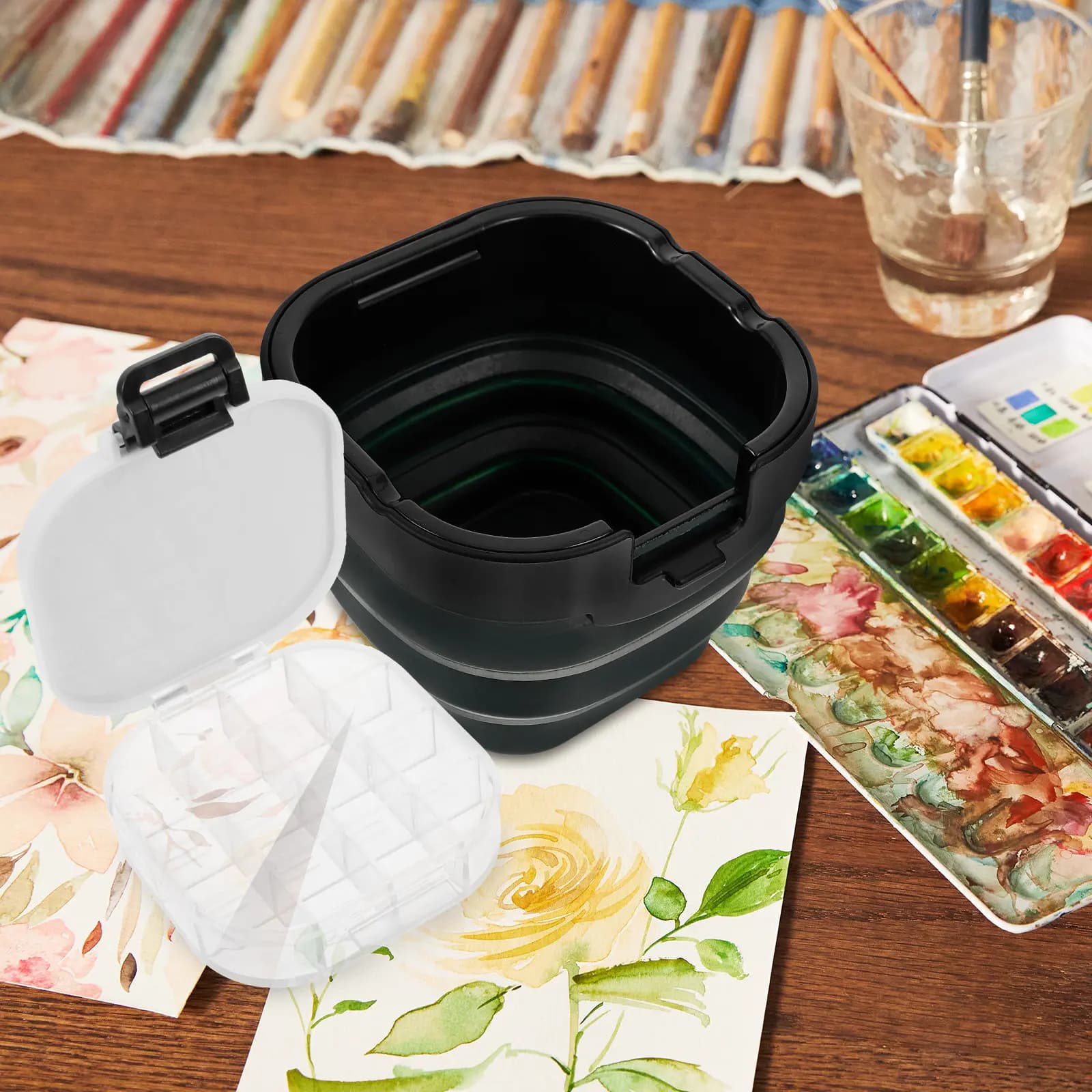 Foldable Portable Brush Cleaning Bucket Large Capacity Artist Paint Brush Washer for Watercolor Acrylic Gouache Oil