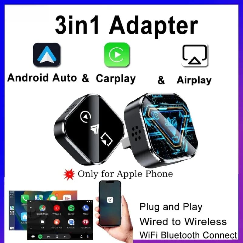 New Wireless Carplay Adapter 2026 for Apple Android Auto Airplay Smart Mini Box AI 3in1 USB for Auto Plug and Play Automatic Connection