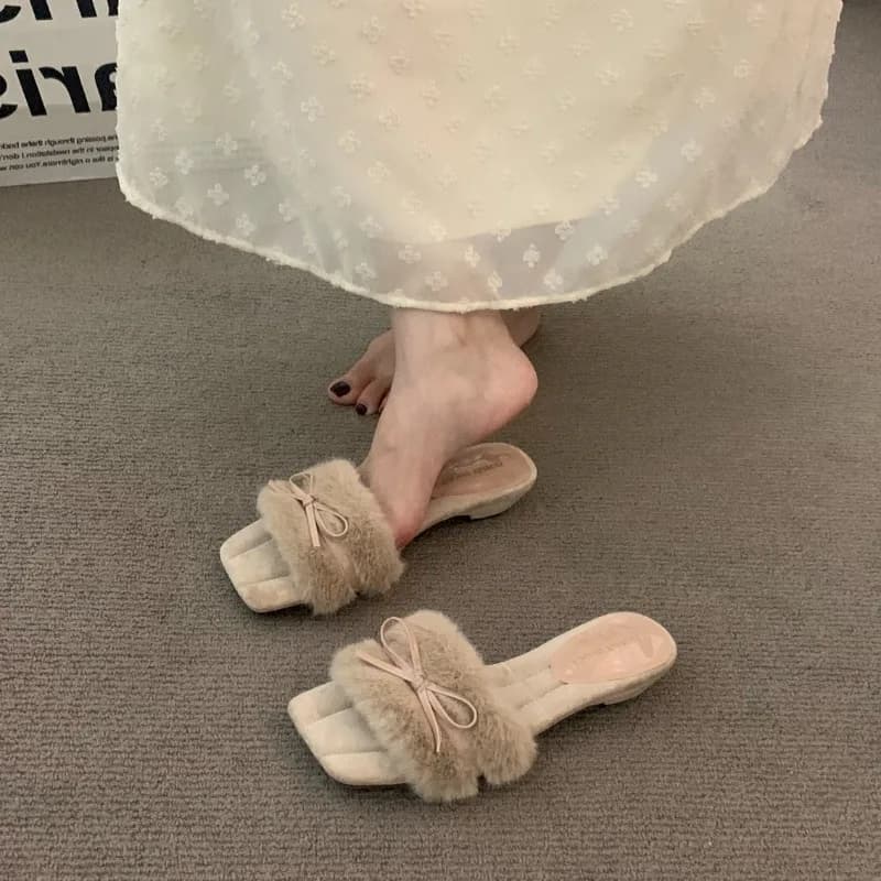 French-style Bow Flip-flops with Thick Heel for The Female, Open-toe Slip-on Style