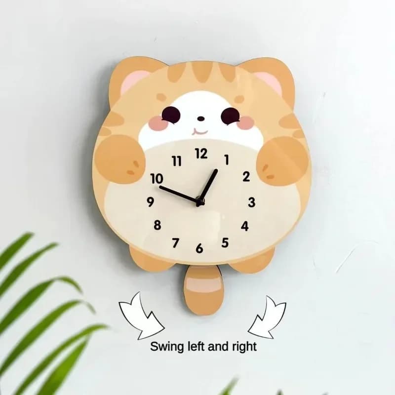 Orologio da parete con gatto carino a dondolo Decorazione del soggiorno Orologio da parete alla moda semplice Orologio da parete con cartoni animati senza punzonatura