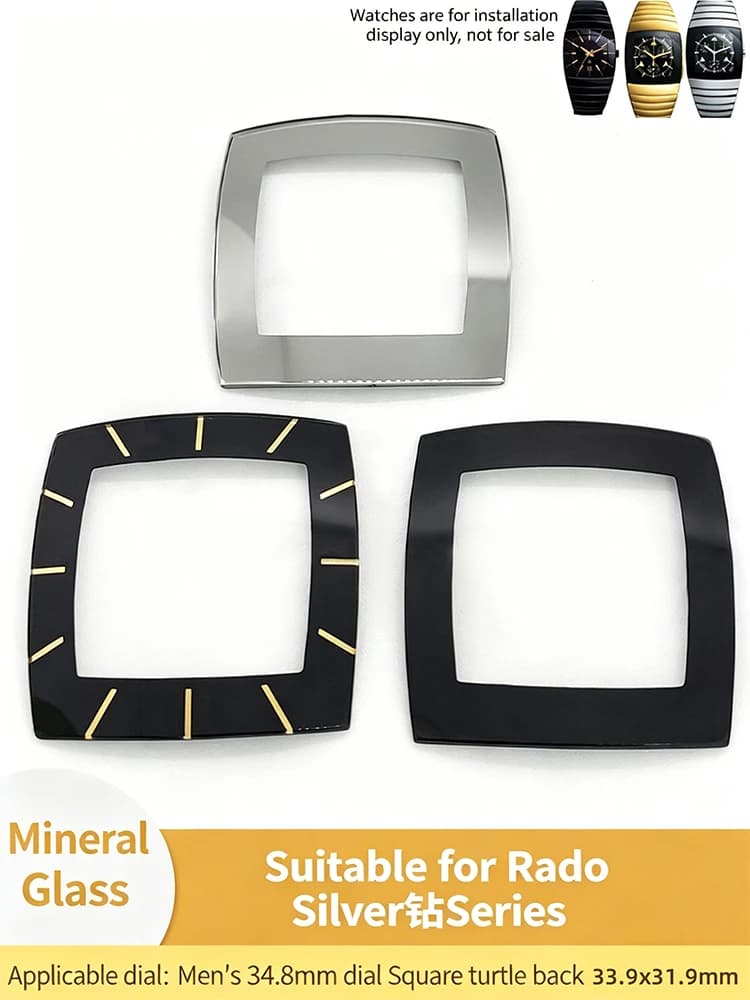 Square Domed Mineral Watch Crystal 33.9x31.9mm Silver/Black Edge For Rado Sintra Men 34.8mm Dial Watch Glass Replacement Parts