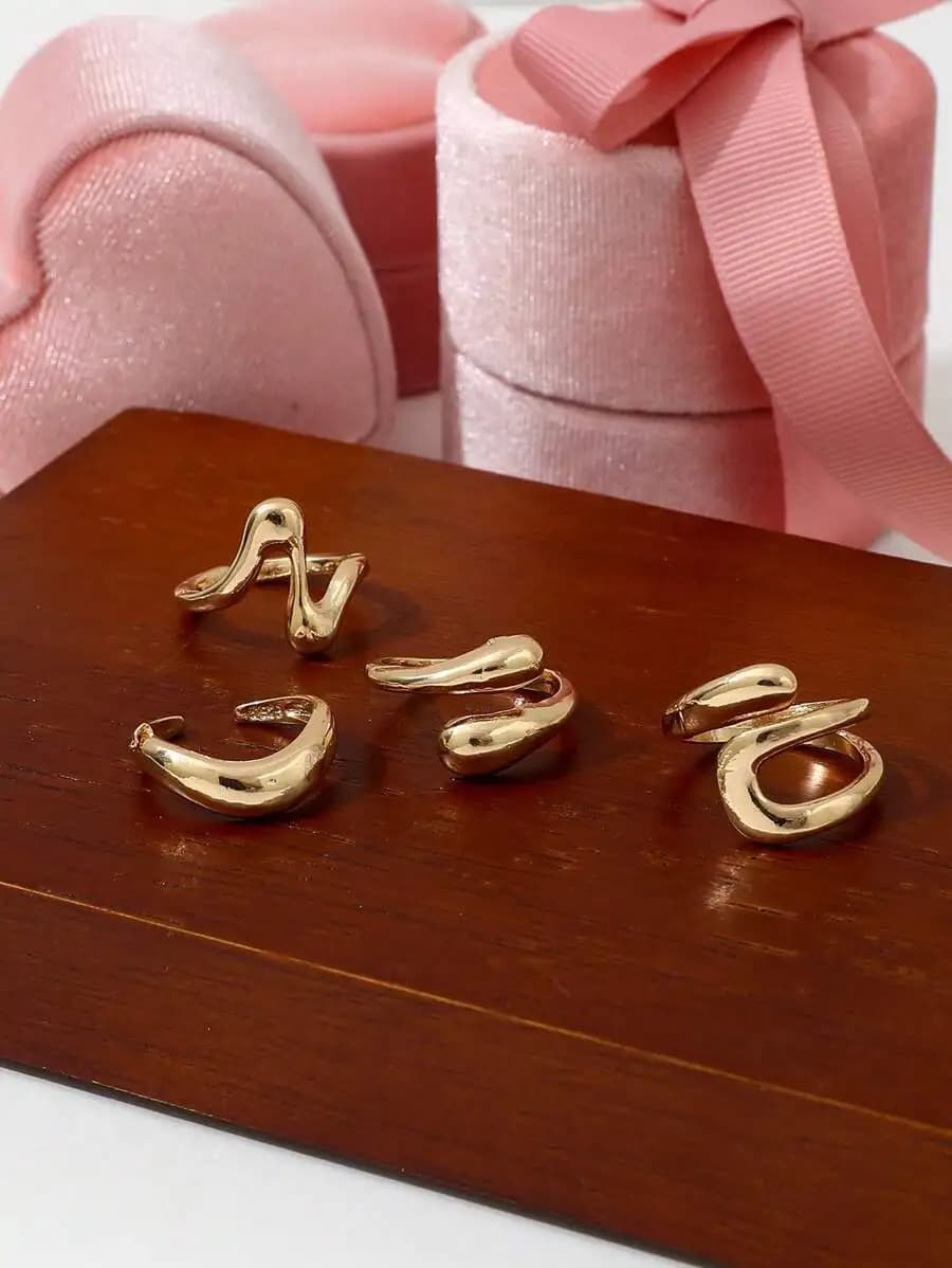 Set di 4 anelli aperti asimmetrici a forma fluida di ispirazione vintage per donna, gioielli eleganti per uso casual e serale