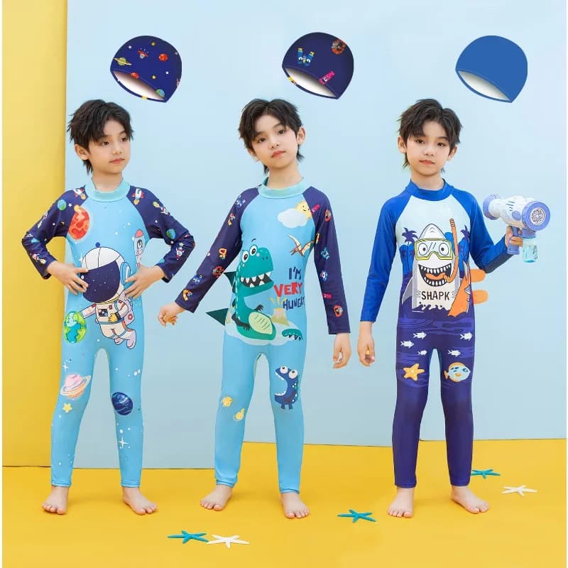 Children's long sleeve swimsuit, teenage swimsuit, beach sun protection, bathing suit with cartoons and hood, baby surfing suit