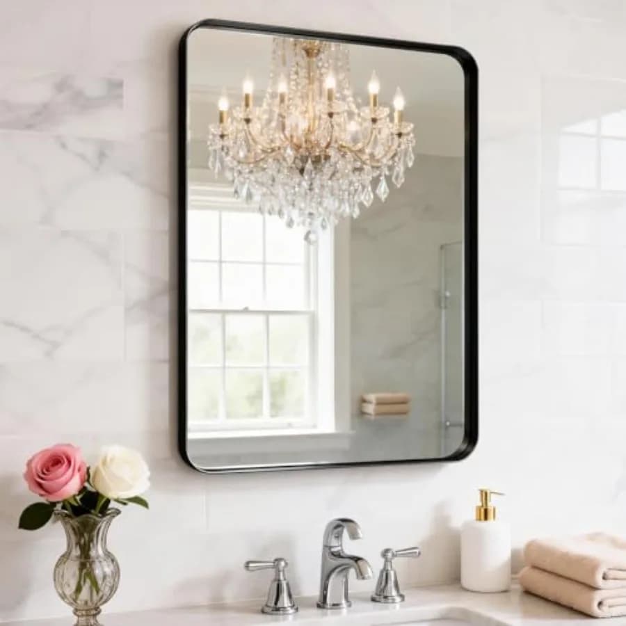 Specchio da Bagno con Cornice in Metallo da Parete 22x34 Pollici, Specchio Rettangolare Rotondo Opaco, Stile Rustico, da Appendere Orizzontalmente