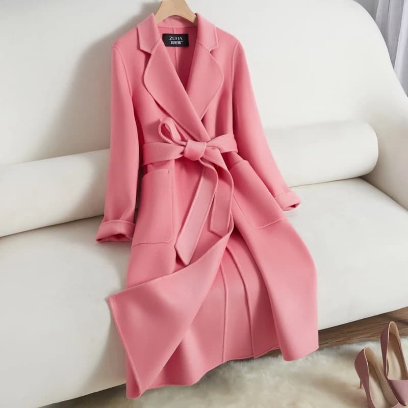 White Belt Double-sided Cashmere Coat Women's 2026 New Fashion Temperament Winter Slim Wool Coat Solid Female Long Windbreaker