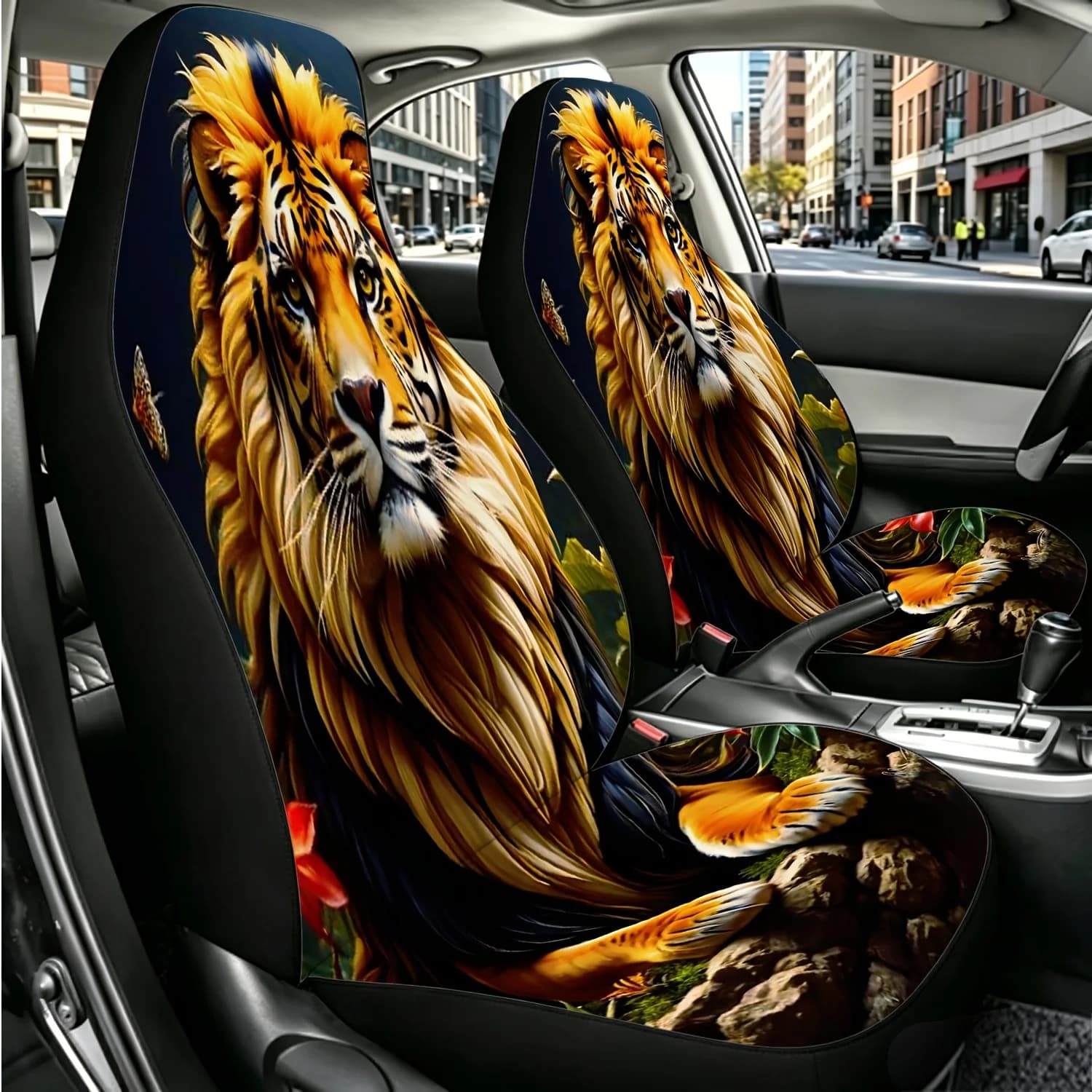 2pcs Majestic Lion-Tiger Hybrid Mythical Beast In Seated Pose With Tropical Floral Surround Car Seat Covers, Universal Size For