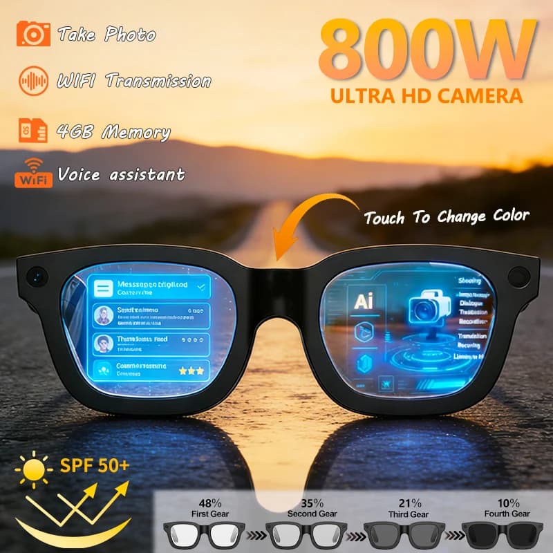 Occhiali AI 4K con Fotocamera, Nuovo Aggiornamento, Registrazione Video HD 800W, Riconoscimento Foto AI, Traduzione, Chiamate Bluetooth, Occhiali da Sole con Controllo Vocale