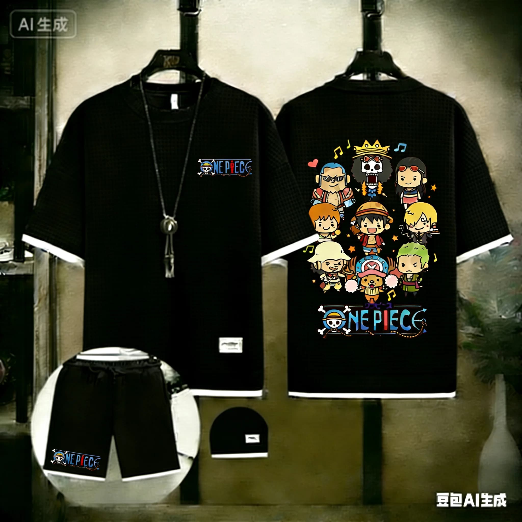 2026 new One Piece Cute Straw Hat Pirates Graphic Tee And Shorts Two Piece Set Men's Casual Summer Outfit Streetwear