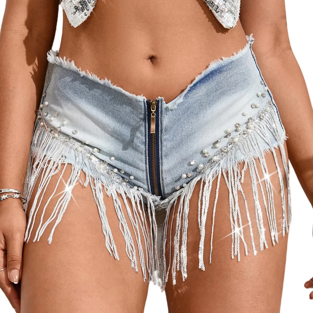 Shorts in denim sexy a vita bassa con paillettes e nappe, micro mini, per donna, con cerniera, stile cowgirl, per serate in discoteca