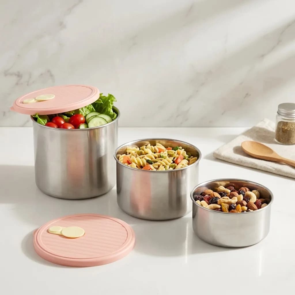 Stackable Sealed Refrigerator Food Storage Container Round 304 Stainless Steel Fruit Vegetable Fresh-keeping Box Microwave Safe