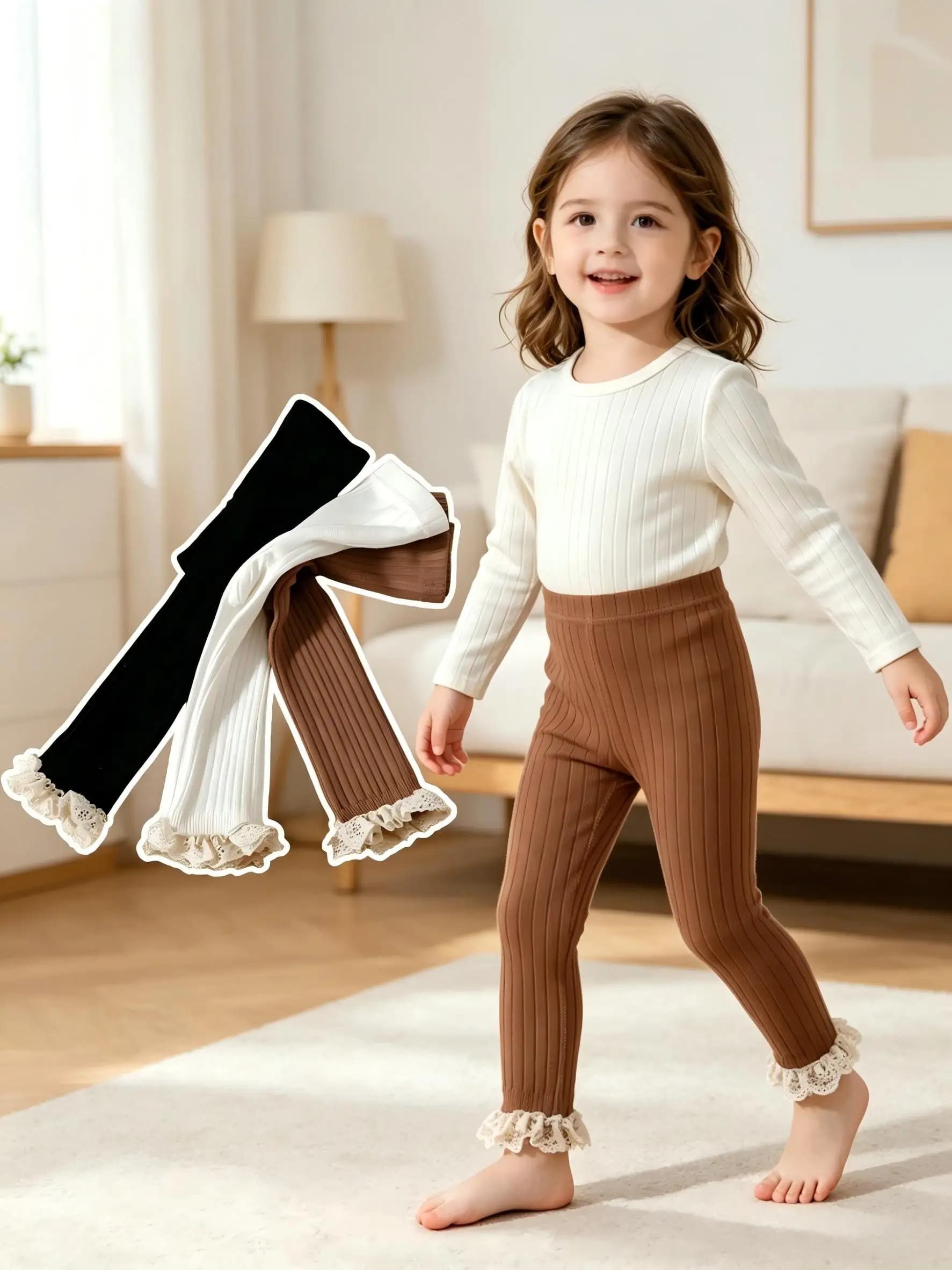Set di 3 Leggings per Bambine con Bordo in Pizzo, 1-14 Anni, Cotone Elastico Traspirante, Calzamaglia per Primavera e Autunno, Uso Quotidiano, Scuola e Gioco