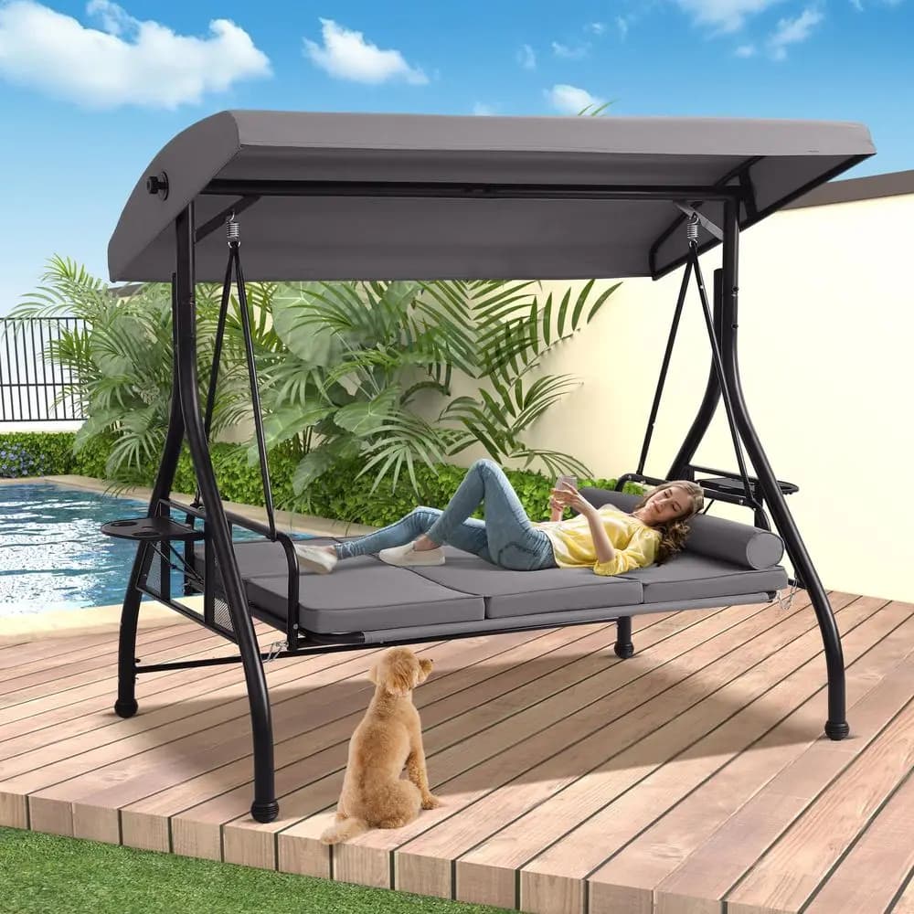 Dondolo da esterno con tettoia regolabile, letto a dondolo convertibile con supporto, dondolo da patio con cuscino, cuscino decorativo e portabicchieri