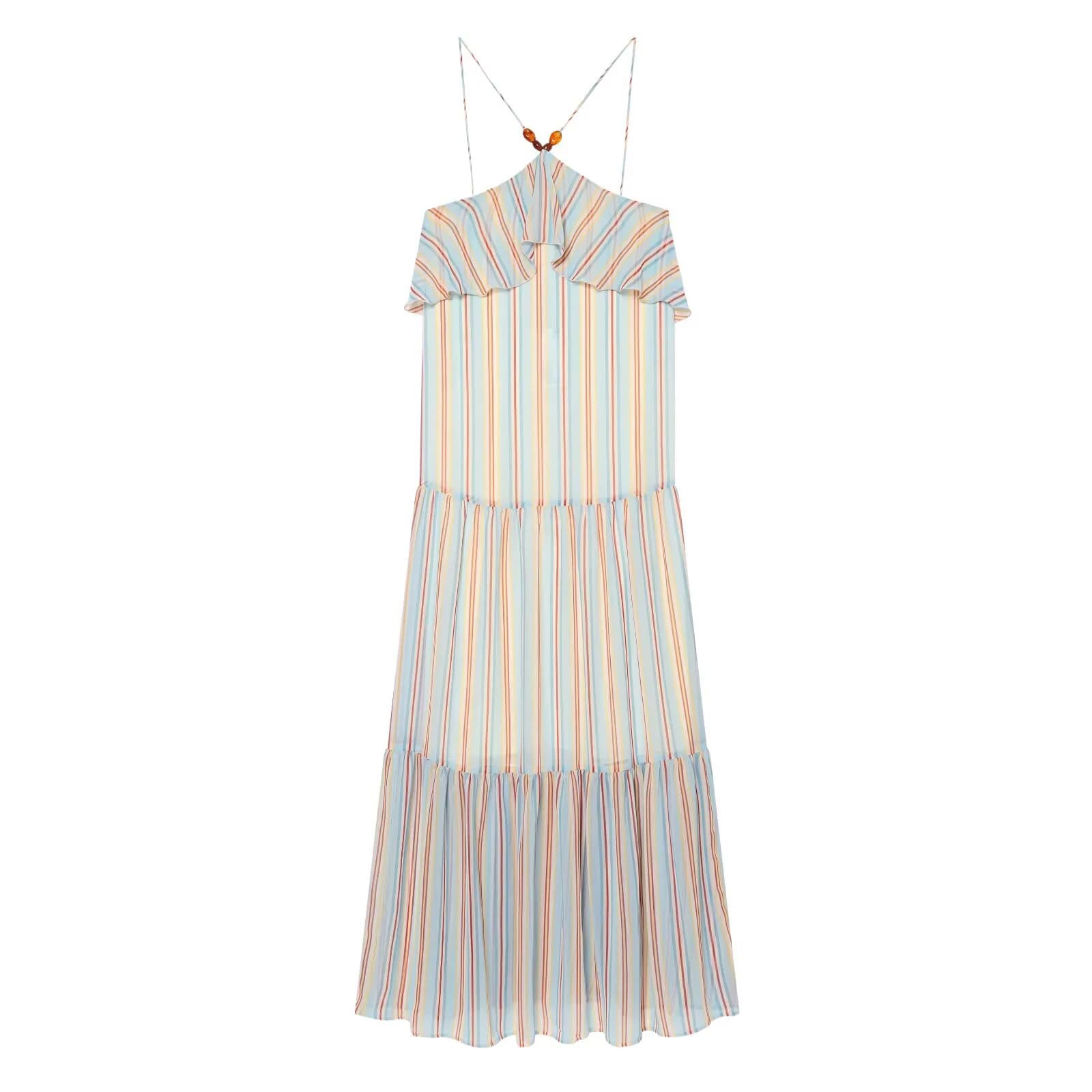 2026 Summer New Product Women's Fashion Vacation Wind Lotus Leaf Edge Striped Bohemian Hanging Neck Skirt