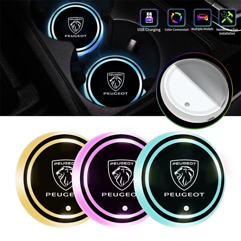 2 pieces LED car cup holder light illuminated coasters water coasters suitable for new Peugeot 207 208 301 308 408 508 2008 3008