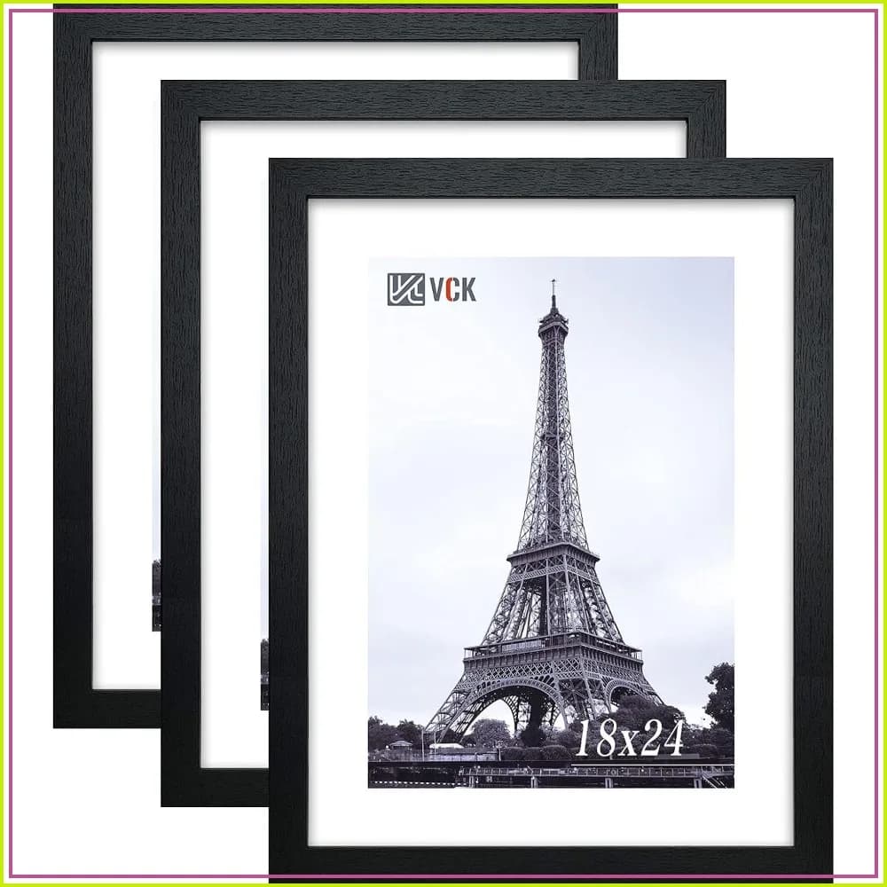 18x24 Poster Frame 3 Pack, Solid Wood Black Picture Frames for Wall, MDF with HD Perspex