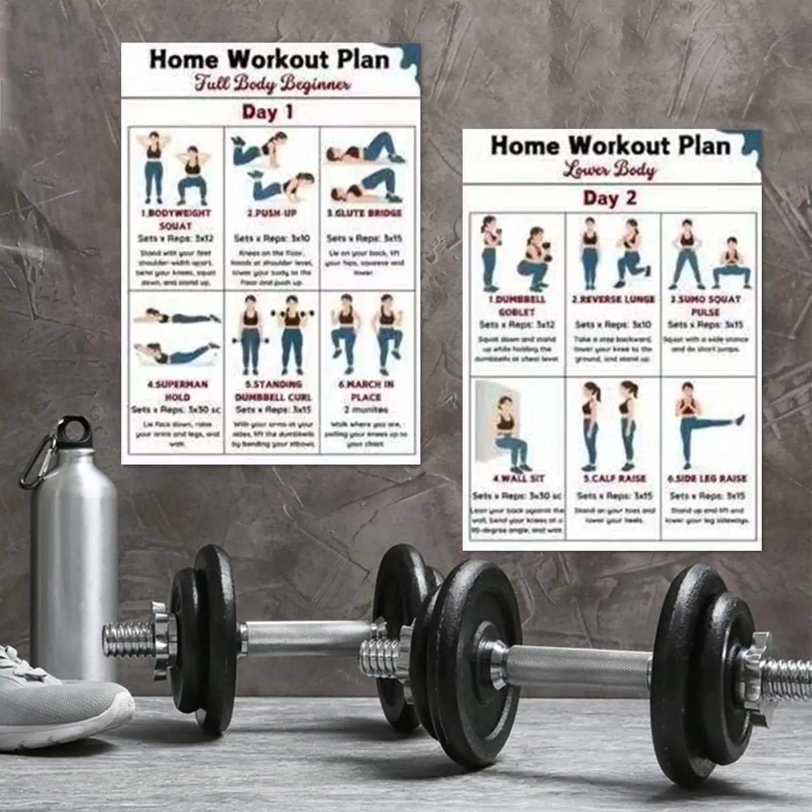 Set of posters for training with handlebars, record table for yoga challenge, poster for training at home gym, for office apartment in the dorm