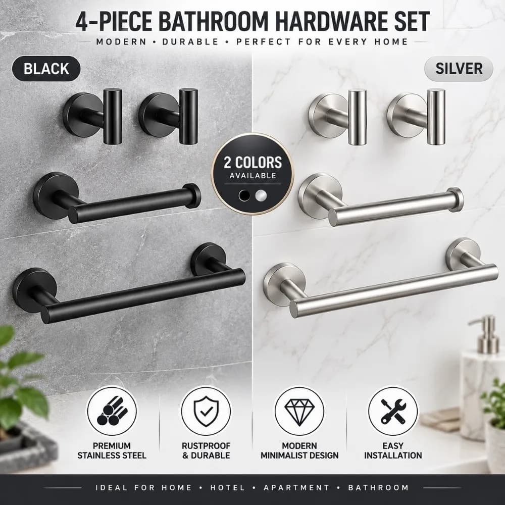 304 Stainless Steel Bathroom Hardware Set Easy Installation Multifunctional Towel Bar Set Space Saving Black Silver