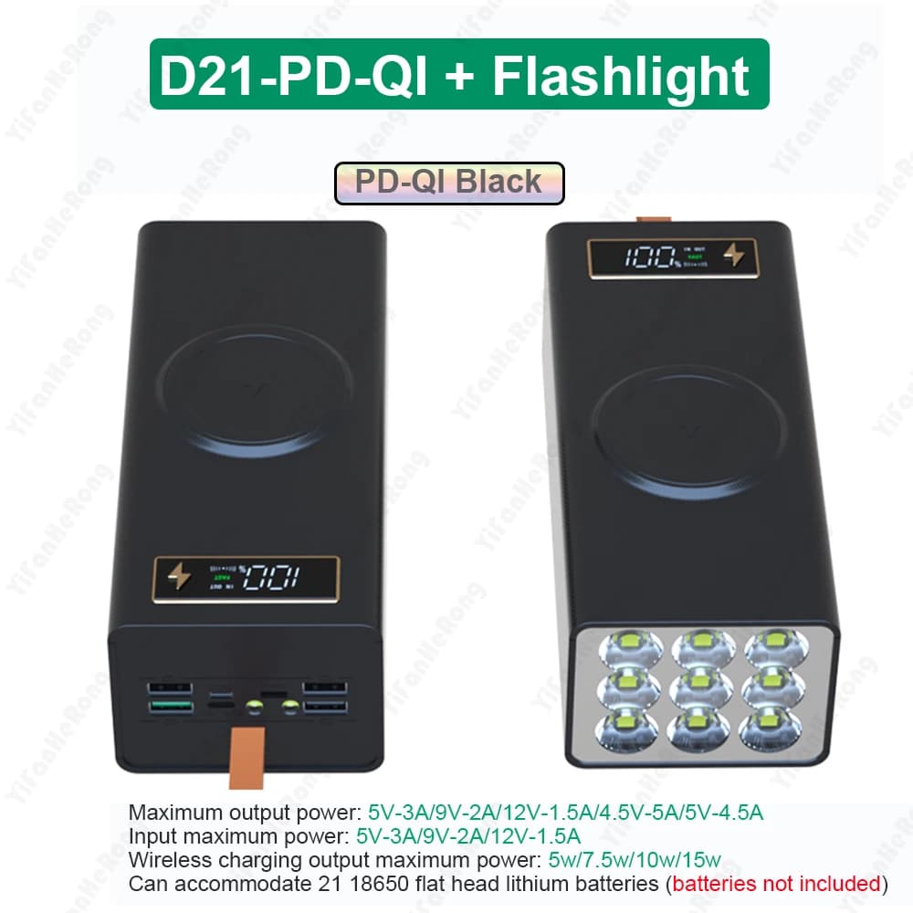 Carica rapida FAI DA TE 21x18650 Batteria Power Bank Caso Tipo-C USB Staccabile Borsette Wireless 18650 Scatola di Immagazzinaggio Della Batteria Super Faro
