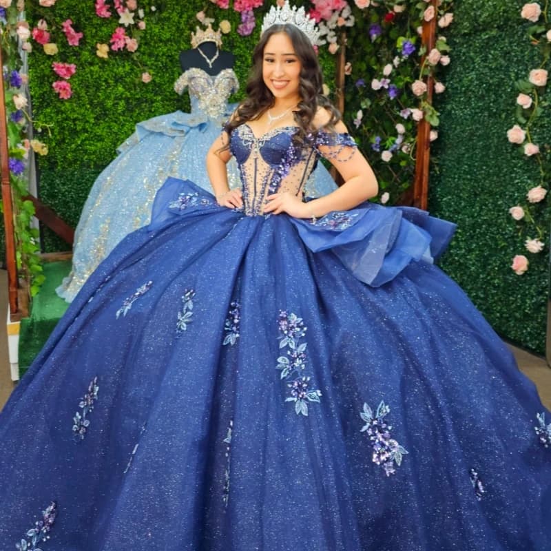 Abiti Quinceanera lucidi blu navy con spalle scoperte Applique in pizzo con perline di cristallo Tull Party Compleanno Sweet 16 Dress Vestidos