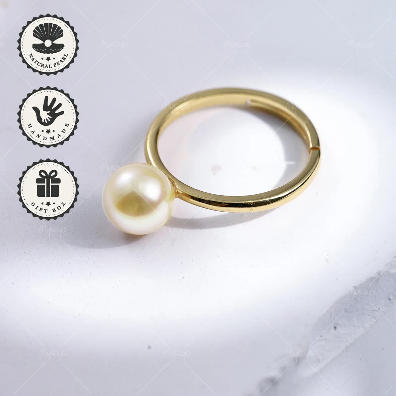 MYSOYA Anello aperto con perla dorata chiara Akoya da 8-8,5 mm, liscio, dorato, S925, con confezione regalo, regalo di compleanno, San Valentino