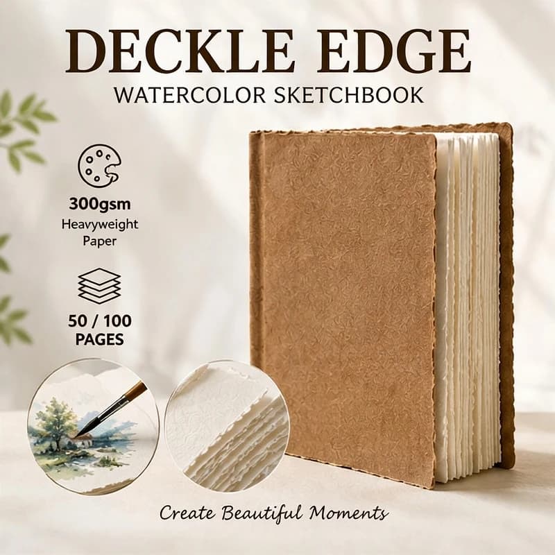 Deckle Edge Watercolor Sketchbook 300gsm Handmade Art Journal, Lay Flat Watercolor Paper Pad, 50/100 Pages for Watercolor, Gouac