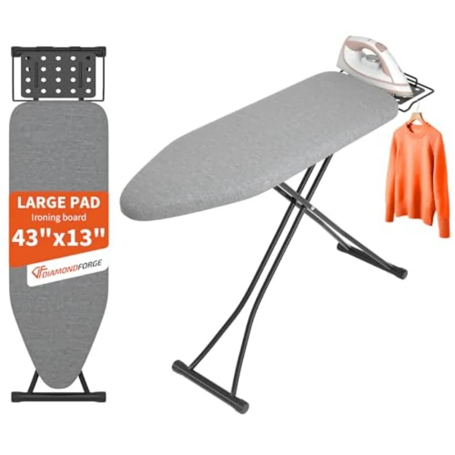 Ironing Board with Iron Rest, 7 Adjustable Heights, 43" ×13" Size Standard Iron Board with 4-Layer Heat Resistant Cover and Pad
