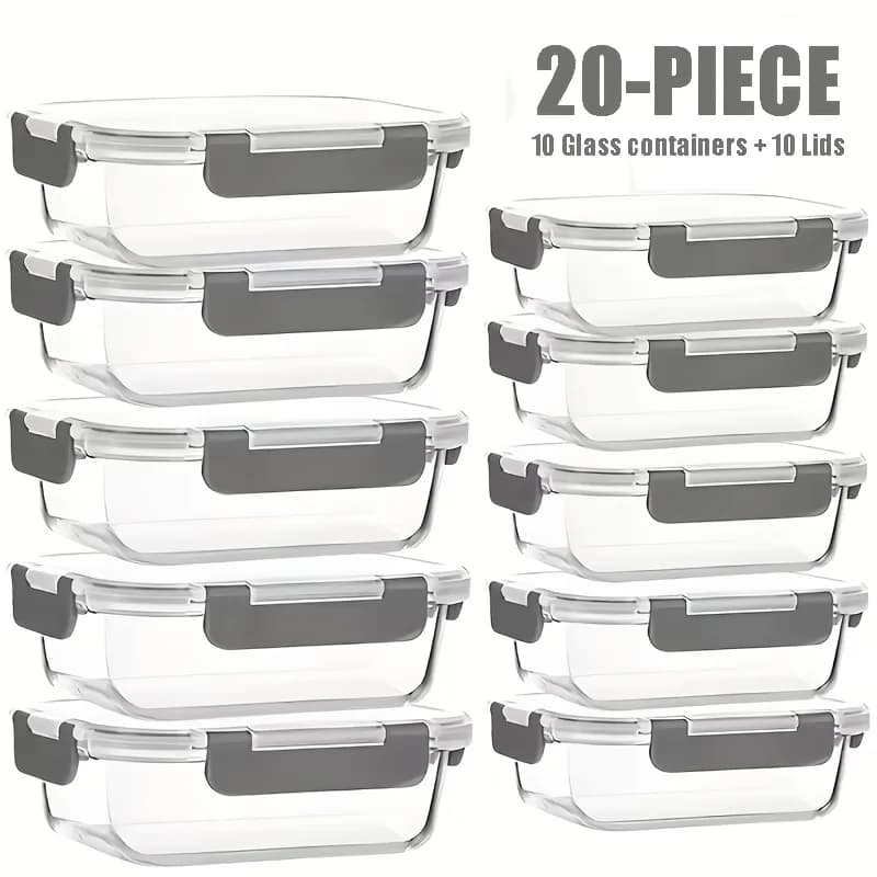 Set di 20 Contenitori in Vetro Impilabili (10 Coperchi + 10 Contenitori) - Multiuso per Preparazione Pasti e Dispensa con coperchi ermetici, per forno, M