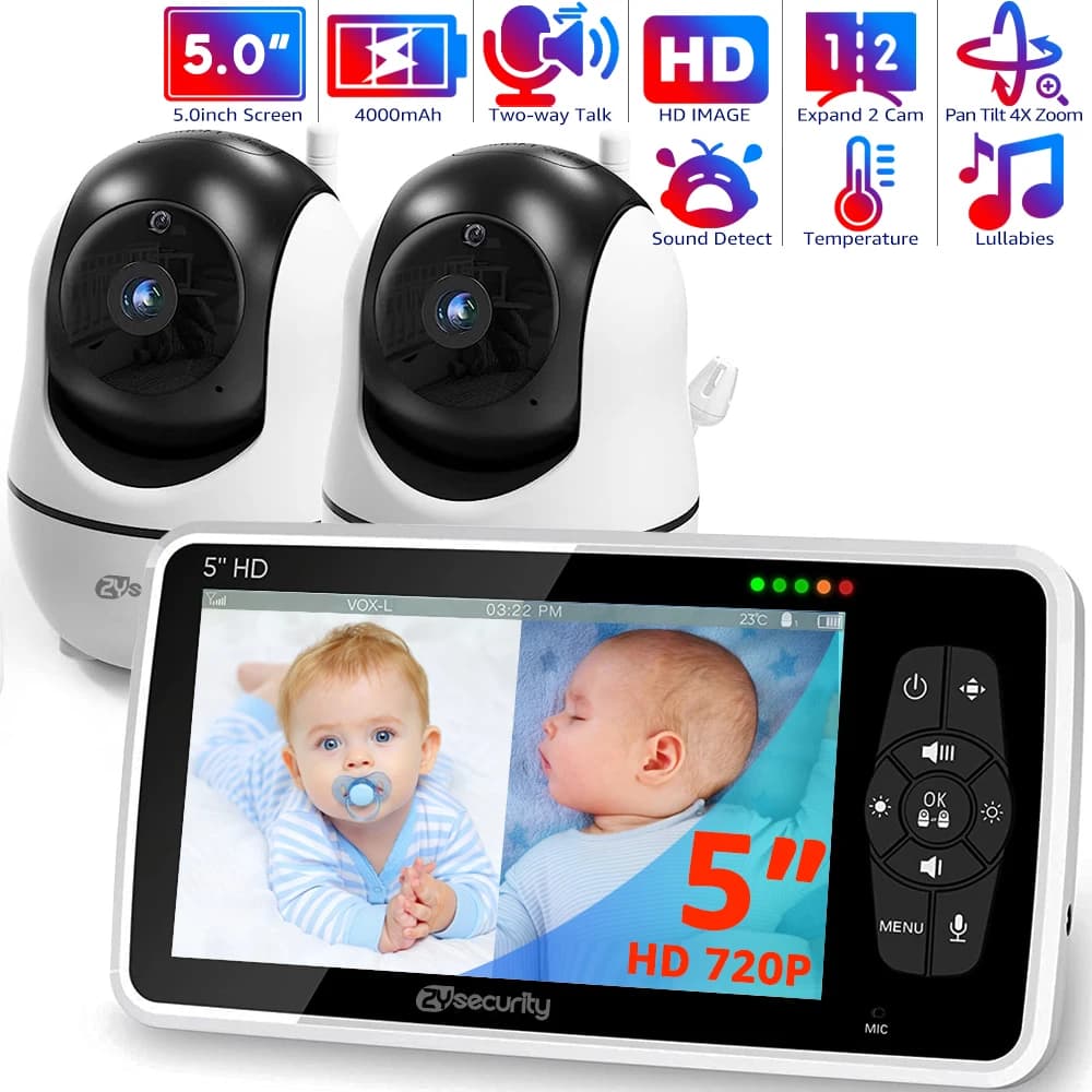 Baby monitor video da 5'' con 2 telecamere, pan-tilt, zoom 4x, audio a 2 vie, batteria da 22 ore, visione notturna automatica, rilevamento dei suoni di movimento, VOX, 1000 piedi a lungo raggio senza Wi-Fi, temperatura