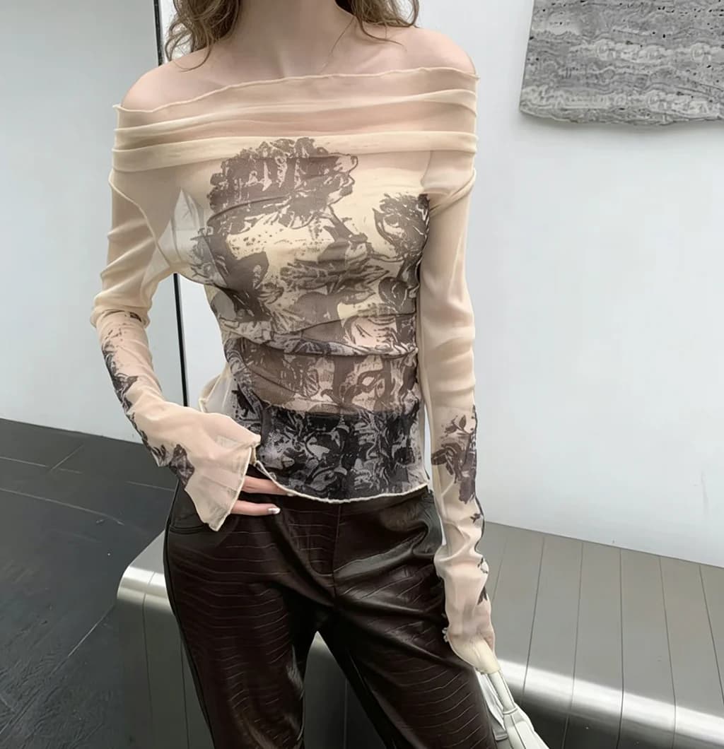 Women's Sexy Halter Off Shoulder Sheer Mesh Top Floral Print See-Through Long Sleeve Party Blouse Off-the-shoulder See-through W