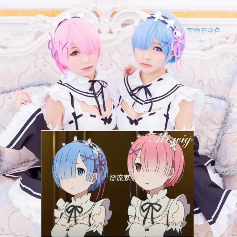 Parrucca sintetica corta diritta Rem Lam Cosplay RE: ZERO - Inizia la vita in un altro mondo Anime Coser Cute Girl Ws;3'c,5.y;8'v,