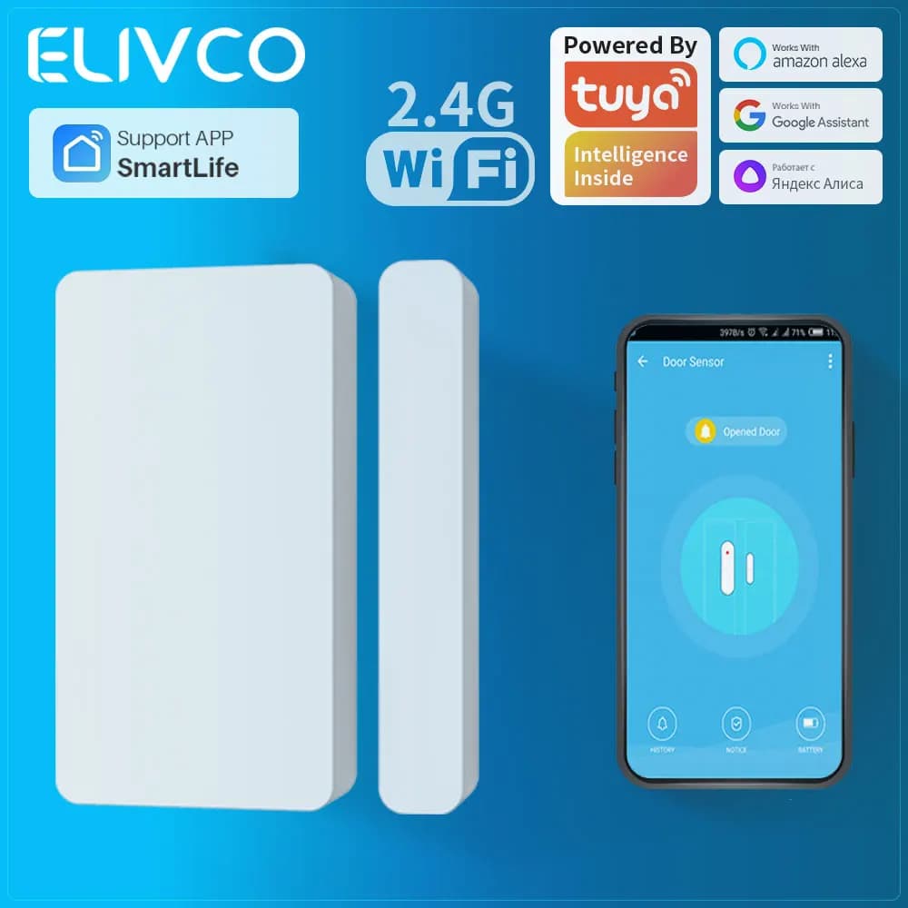 Sensore WiFi Tuya Smart per Porte e Finestre, Rilevatore di Apertura/Chiusura con Notifica App e Allarme, Compatibile con Alexa e Google Home