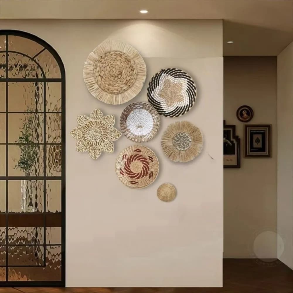 Boho Straw Woven Tray Wall Decor Round Basket Macrame Straw Wall Hangings Non Slip Heat Resistant Woven Coaster Placemat
