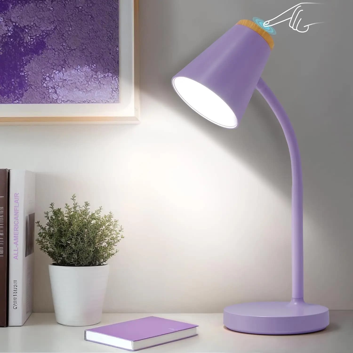 Lampada da Scrivania LED Dimmerabile con Collo Flessibile per Casa, Ufficio, Camera da Letto, Dormitorio - Luminosità Regolabile, Protezione Occhi, Viola