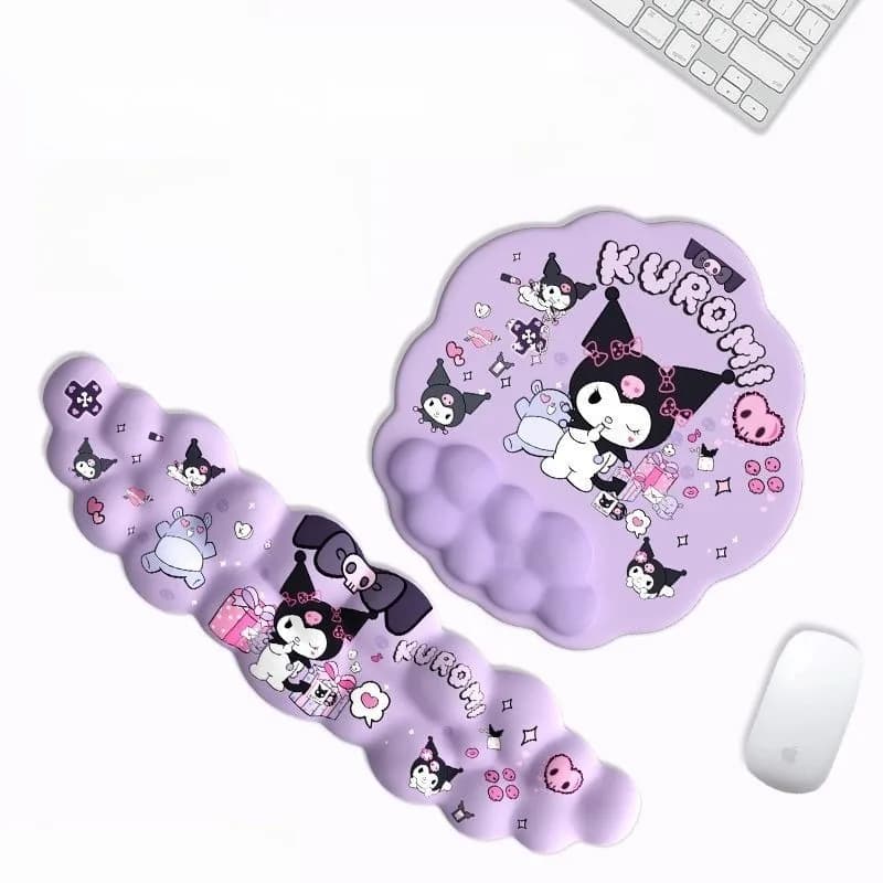 Tappetino per mouse e tastiera Kawaii Kuromi con poggiapolsi in morbido silicone, set ergonomico di supporto per il polso, tappetini per mouse carini e antiscivolo