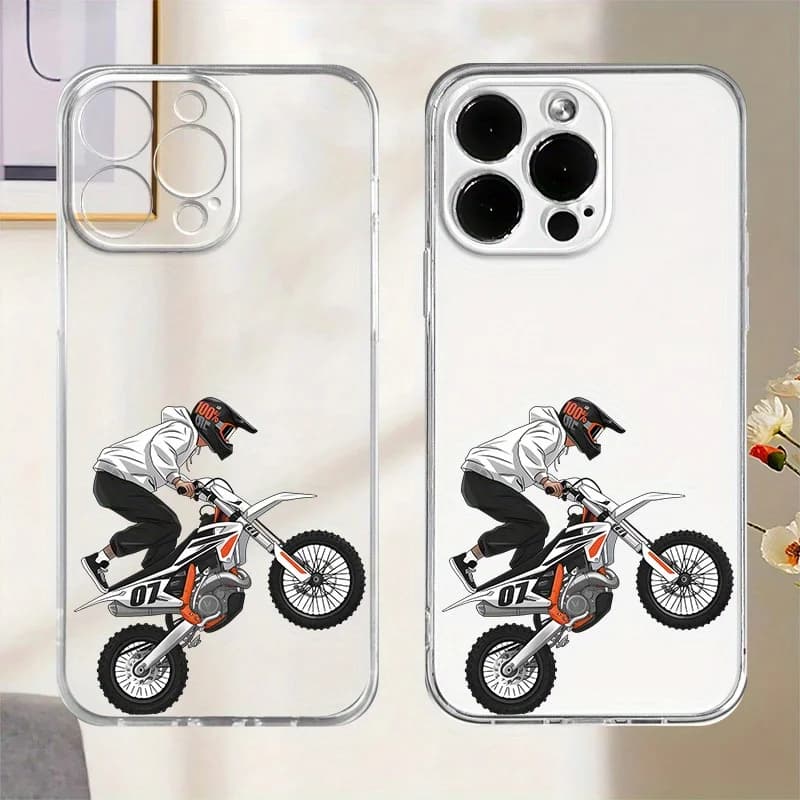 Motorcycle Boy Pattern Transparent Phone Case Suitable for iPhone 16 15 14 13 12 11 Pro/Max/Plus Anti Drop Protective Cover