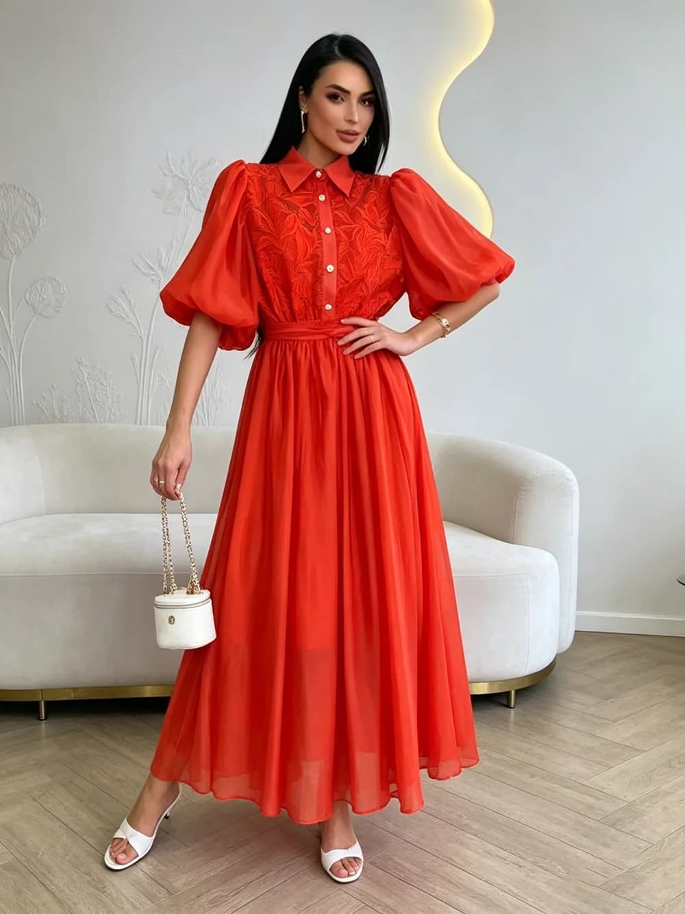 plus Size Embroidered Collar Women's Dress Floral Patchwork Chiffon Casual Holiday Waist Belt Included