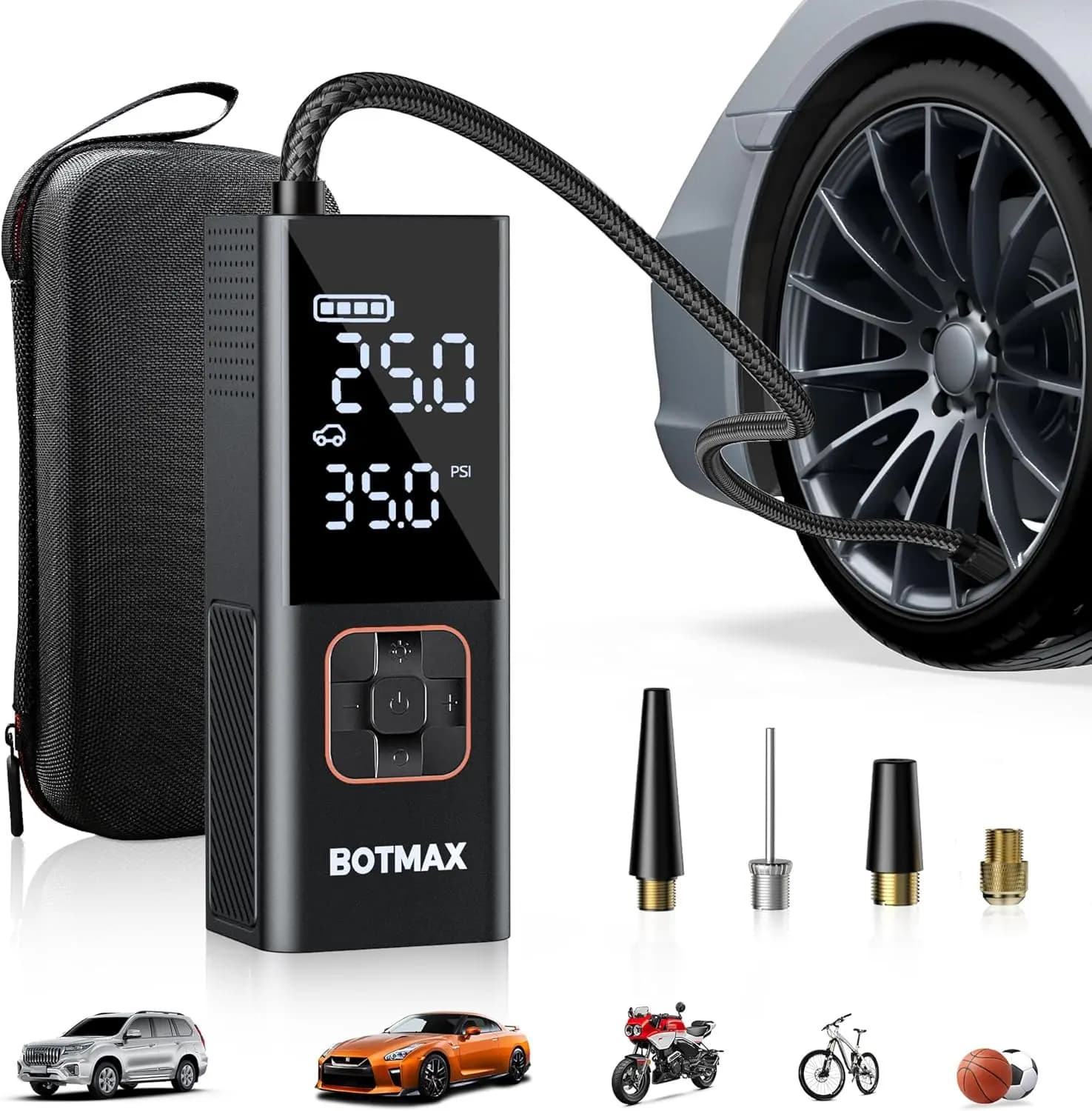 Gonfiatore portatile per pneumatici con manometro, compressore d'aria da 160 PSI per auto, bici, moto e palline, luce a LED