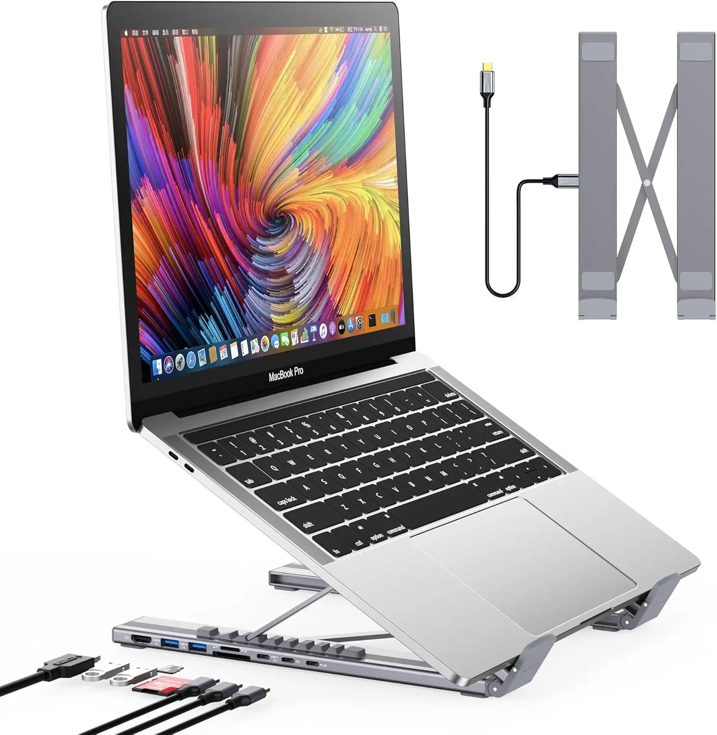 Supporto per docking station USB-C 8 in 1 con HDMI 4K, ricarica PD, supporto per laptop ergonomico regolabile