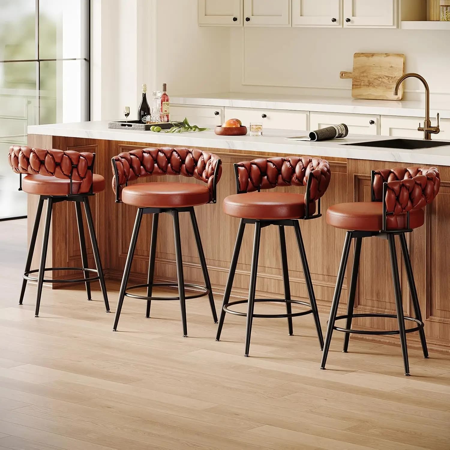 26" Counter Height Bar Stools Set of 4, Premium Faux Leather Barstools with Woven Backs Support & Heavy Duty Metal, Custom