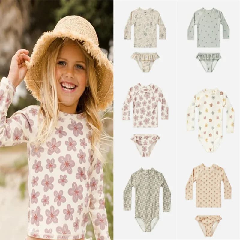 2024 Summer RC Newborn Swimwear Long Sleeves Floral Bathing Costume for Kids Bikini Set Girls Sun Protection Bodysuits Full 1-12Y