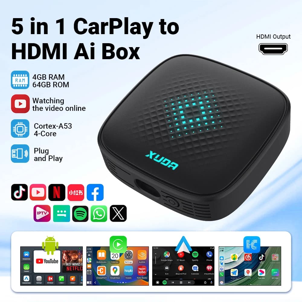 2026 5in1 Android 14.0 CarPlay Ai Box Adattatore USB WIFI da Cablato a Wireless per Auto, per Youtube Netflix, TV Box Universale Plug and Play