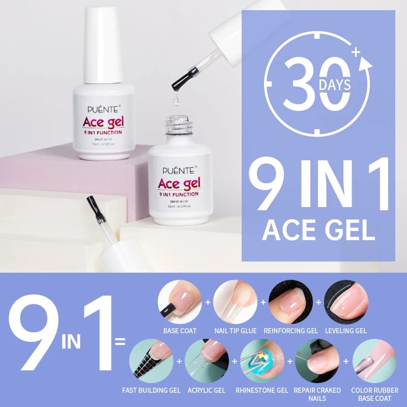 15ML Ace Gel 9-in-1 Colla per unghie Gel Smalto per unghie Trasparente Funzione trasparente Gel UV Soak Off Nail Art Gel Vernice Spessore Base Gel
