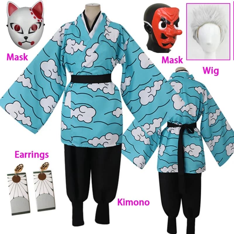 Anime Kamado Tanjirou Urokodaki Sakonji Cosplay Kostuum Hemelsblauwe Wolk Uniform Kimono Vrouwen Mannen Halloween Kostuum Pruik