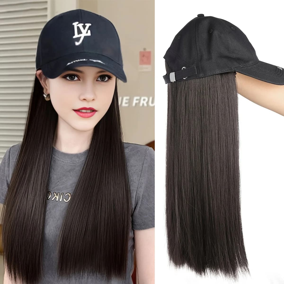 Parrucca sintetica lunga 16 pollici con cappello da baseball ricamato LY, parrucche lunghe con cappello per uso quotidiano da donna