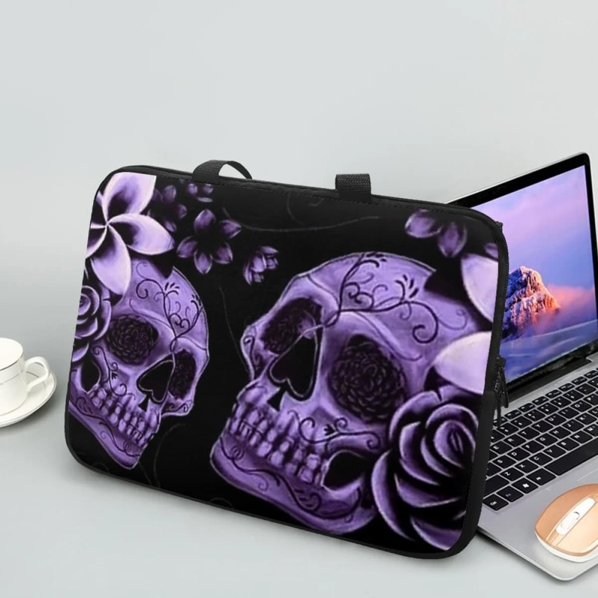 Borsa protettiva per laptop con stampa teschio rosa viola, borsa a tracolla, borsa da trasporto, regalo di Halloween, valigetta con cerniera, borsa per tablet 2023