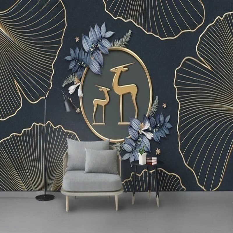 Custom Wall TV Sofa Background Modern Minimalist Metallic Floral Deer Art Print Wall Art Print Wallpaper Wall Decor for living room