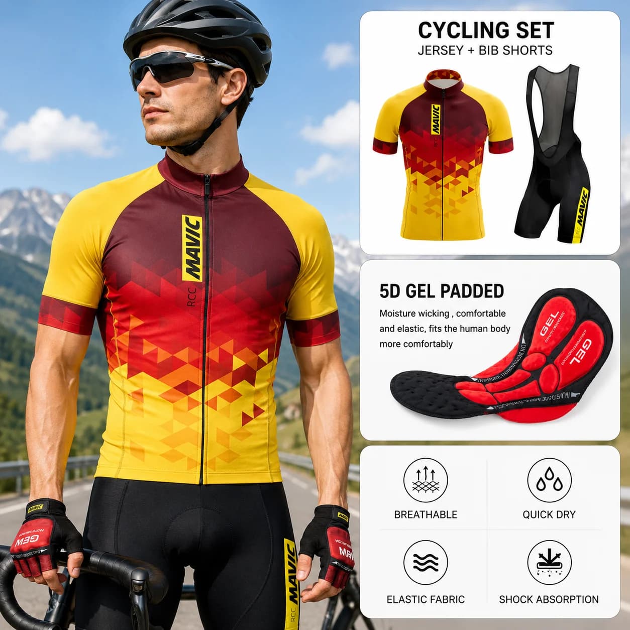 Completo da Ciclismo MAVIC 2026 a Maniche Corte per Uomo, Set con Pantaloncini con Bretelle per Triathlon, Abbigliamento Estivo 003