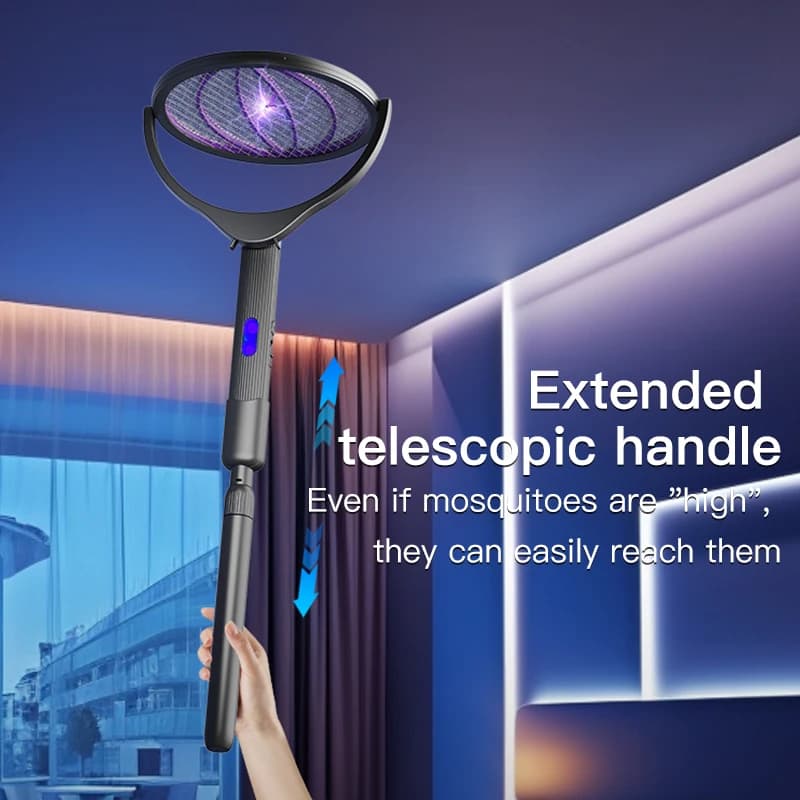 Racchetta Elettrica Telescopica Anti-Zanzare con Rete a 5 Strati, Ricaricabile USB-C, Luce UV, per Casa e Giardino
