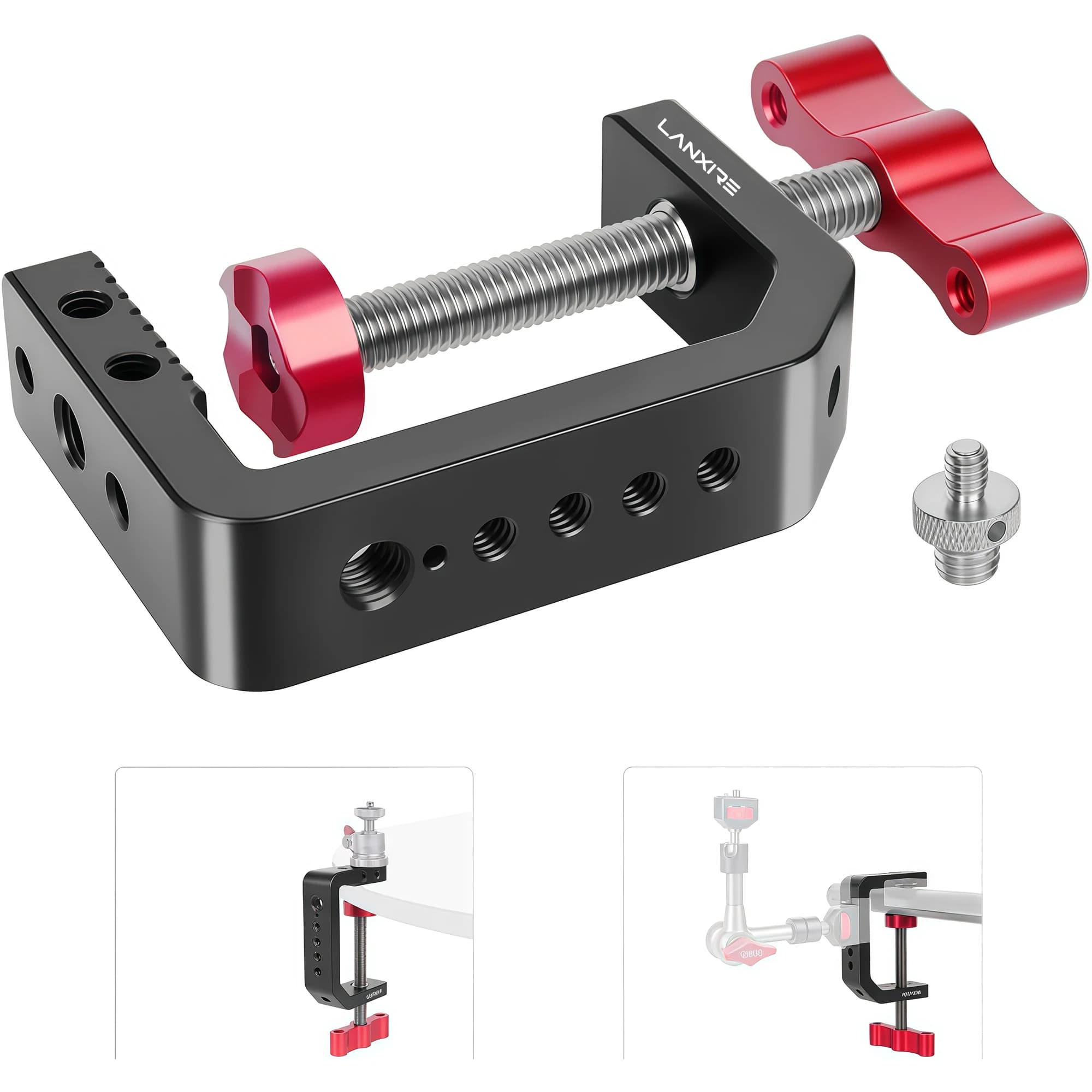 Supporto da scrivania Lanxire in alluminio a morsetto a C, filettature da 1/4” e 3/8” per DSLR, asta per luce, monitor, microfono, morsetto a C per fotocamera da tavolo