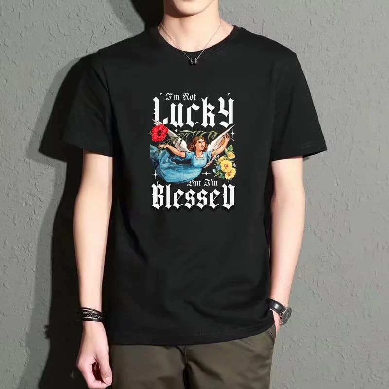 Men's Black Round-Neck Short-Sleeved T-Shirt, Retro Angel Print Loose Top, Casual Street Style Versatile Item, Comfortable and Breathable for Everyday Wear